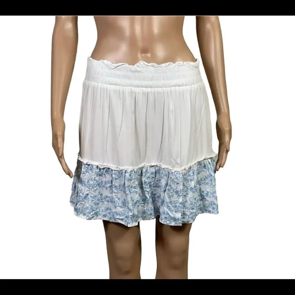 Miami White Blue floral trim Smocked Elastic Waist Mini Skirt L